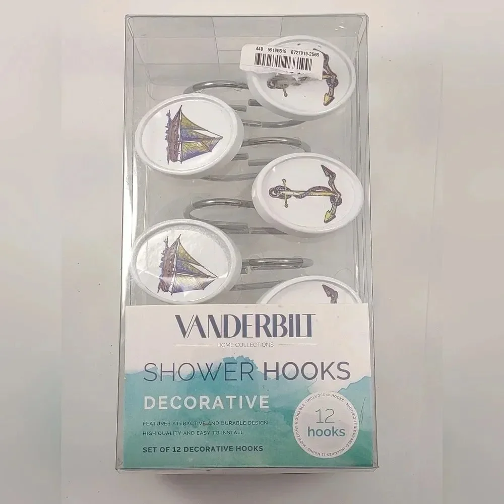 Vanderbilt Nautical Shower Hooks Set of 12 Anchors and Ships Oval Design NWT